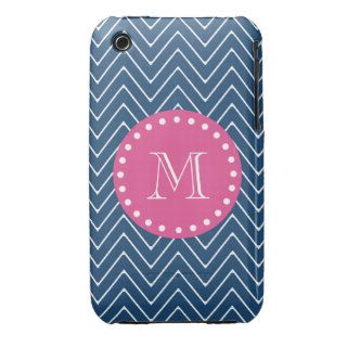 Hot Pink, Navy Blue Chevron  Your Monogram iPhone 3 Case Mate Cases