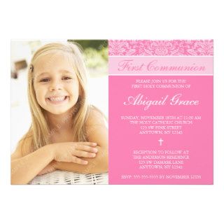 Pink Damask Girl Photo First Communion Invites
