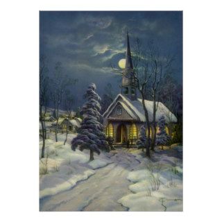 Vintage Christmas, Church in Moonlight Snow Winter Poster