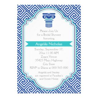 Greek key pattern, blue aqua wedding bridal shower invitations