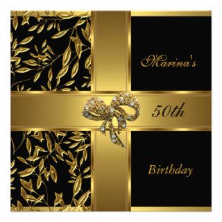 Elegant 50th Birthday Black Gold Floral Bow 2 Custom Invite