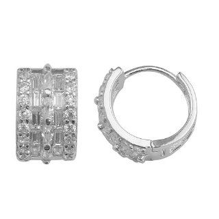 SH727 Sterling Silver Double Line Baughette & Round Cut Combo CZ Huggie Hoop Earrings Jewelry