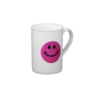 Hot pink faux glitter smiley face bone china mug