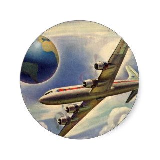 Vintage Airplane Flying Around the World in Clouds Stickers