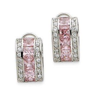 Sterling Silver Pink& Clear CZ Omega Back Earrings Jewelry