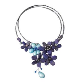 Lapis and Pearl Blue Floral Lace Wrap Necklace (4 15 mm) (Thailand) Necklaces