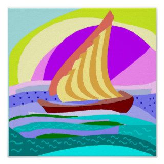 Sail boat, colorful rainbow sky and sea print