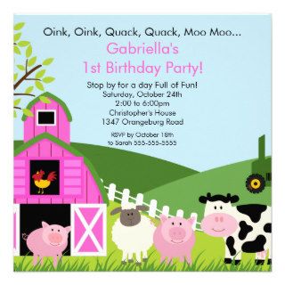 Barnyard Animal Fun Birthday Party Pink Girls Invitations