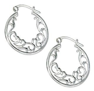 Sterling Silver 25mm Flat Heart Filigree Hoop French Lock Earrings Jewelry