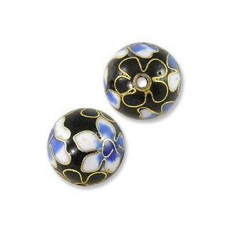 Cloisonne Bead 12mm Round Black/Blue/White (Package of 1 Bead)