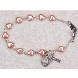 First Holy Communion Childrens Girls Rosary Bracelet 6 1/2" 6x6mm Pink Pearl Heart Beads with Sterling Silver Cross & Miraculous Medals. Jewelry