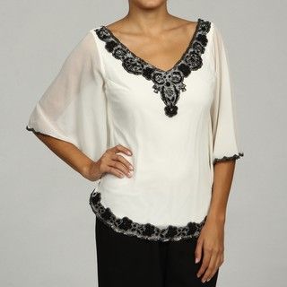 J. Laxmi Women's Bead embellished V neck Top 3/4 Sleeve Shirts