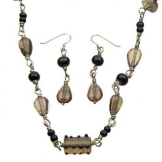 Black and Brown Glass Bead Necklace and Earring Set Clothing