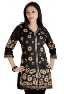 Black Cotton Tunic Top, v neck, 3/4th Sleeve for Women World Apparel Clothing