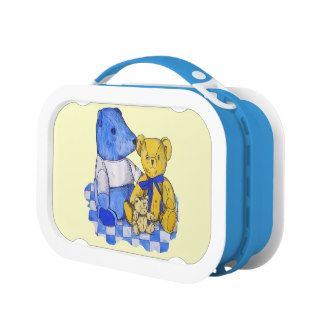 cute teddy bear still life art blue and yellow lunchboxes