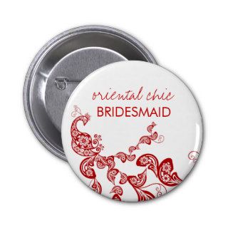 Oriental Chic Red Floral Peacock Wedding Name Tag Pinback Buttons