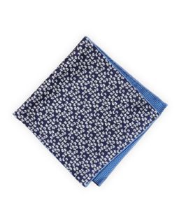 Flower/Dotted Silk Pocket Square, Navy