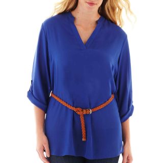 3/4 Sleeve Belted Tunic   Plus, Blue