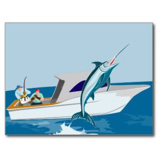 Fisherman fishing catching blue marlin postcards