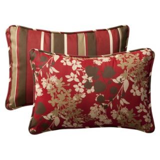 2 Piece Outdoor Reversible Toss Pillow Set   Brown/Red Floral/Stripe 24
