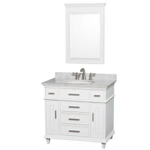 Wyndham Collection Berkeley 36 in. Vanity in White with Marble Vanity Top in Carrara White, Oval Sink and 24 in. Mirror WCV171736SWHCMUNRM24
