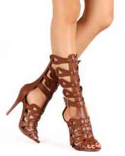 Speed Limit 98 AG35 Sexy S Women Leatherette Studded Gladiator Mid Calf Heel   Dark Tan (Size 11) Shoes