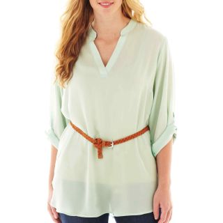 3/4 Sleeve Belted Tunic   Plus, Mint (Green)