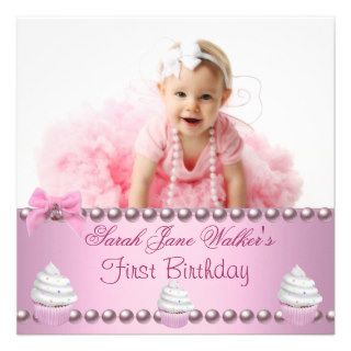 First 1st Birthday Girl Pink Pearls Baby Personalized Announcement