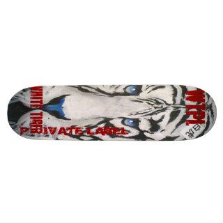 Skateboard graphic with a white tiger/red letters.