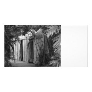 white tents behind palm fronds bw photo card