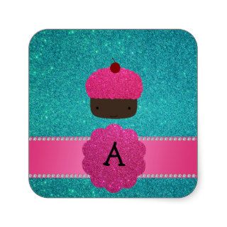 Monogram cupcake turquoise glitter sticker