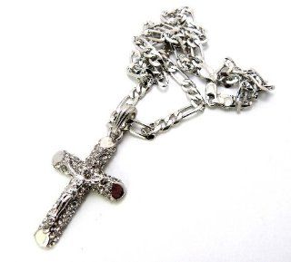 Iced Out Rhinestone Pave Silver Cross Pendant w/5mm 24" Figaro Chain MSP158R Jewelry