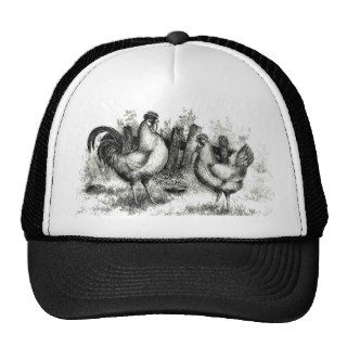 Antique Farming Scene Rooster and Hen Trucker Hats