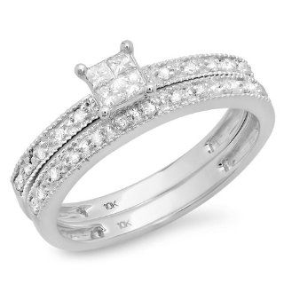 0.30 Carat (ctw) 10k White Gold Princess & Round Diamond Ladies Bridal Engagement Ring Wedding Set with Matching Band 1/3 CT Jewelry