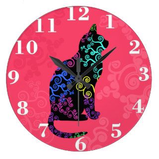 Bright Cat Animal Abstract Groovy neon Pink Swirls Wall Clock