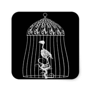Skeleton Bird In A Cage Goth Art Square Stickers