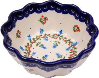 Polish Pottery Ceramika Boleslawiec 0432/166 Royal Blue Patterns with Vine of Bluebells and Cranberries Motif Babka Bowl, Small Kitchen & Dining