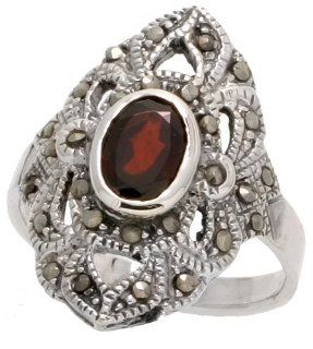 Sterling Silver Marcasite Diamond shaped Ring, w/ Oval Cut Natural Garnet, 1" (26mm) wide, size 6.5 Jewelry