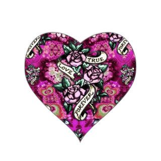 True Love Forever Psychedelic roses and banners. Heart Sticker