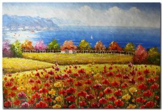 Italian Tuscany Landscape Poppy Field Vineyard 178   Oil Painting on Canvas  