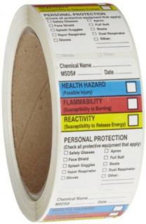 Roll Products 163 0015 Litho Removable Adhesive HMIG Label with 4 Color Imprint, MSDS Chemical Name (with blank), 2 1/2" Length x 1 1/2" Width, For Identifying and Marking, White (Roll of 250)