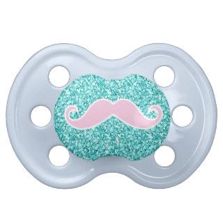 GIRLY PINK MUSTACHE ON TEAL GLITTER EFFECT BABY PACIFIER