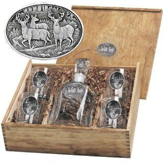 Whitetail Deer Herd Pewter Emblem Capitol Decanter Boxed Set with Buck Emblem Glasses Kitchen & Dining