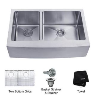 KRAUS All in One Farmhouse Stainless Steel 32.9x20.75x10 0 Hole 16 Gauge 30/70 Double Bowl Kitchen Sink KHF204 33