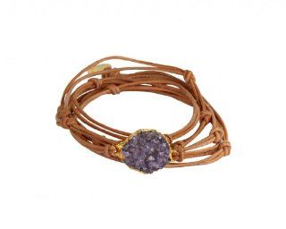 Nina Nguyen BARDOT Natural Leather Bracelet with Amethyst Druzy Stone Trimmed in Gold Tone Jewelry