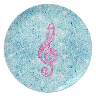 Girly Pink Music Note, teal blue glitter photo Dinner Plates
