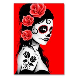Red Day of the Dead Sugar Skull Girl Business Card Templates