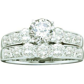 2.00 Carat (ctw) 14k White Gold Brilliant Round White Diamond Ladies 3 Stone Bridal Engagement Ring Set Jewelry