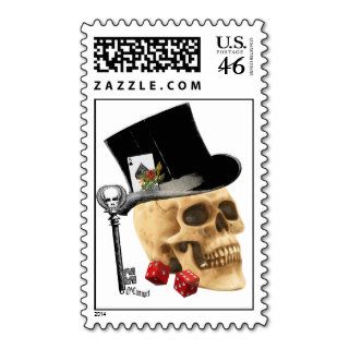 Gothic gambler skull tattoo design postage stamp