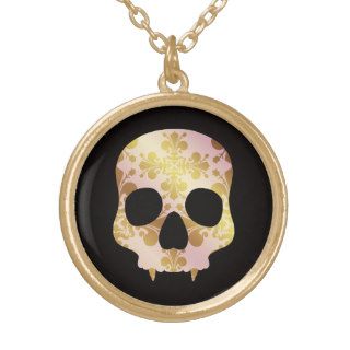 Pretty elegant fanged skull damask gold tone necklace